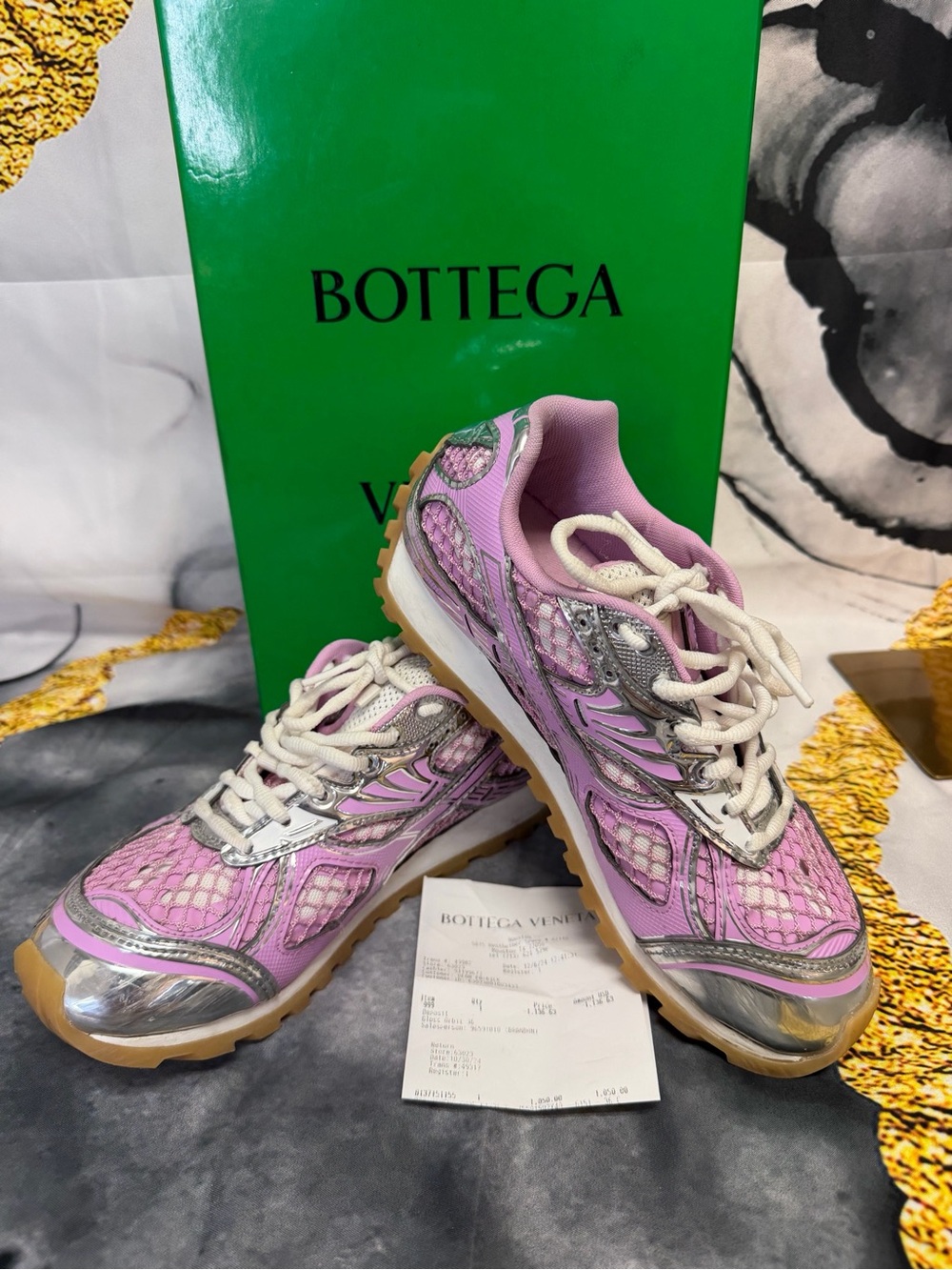 Bottega Veneta Pink Lace-Up Mesh Sneakers size 36